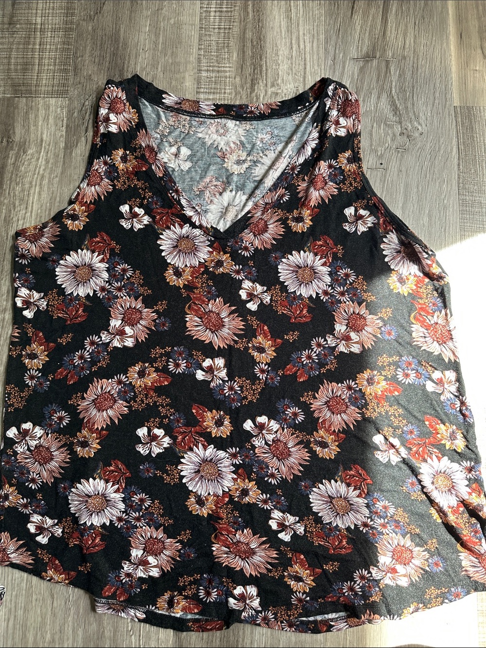 Maurice’s 27/7 Floral V-Neck Sleeveless Top - Black with Rust & Cream Flowers